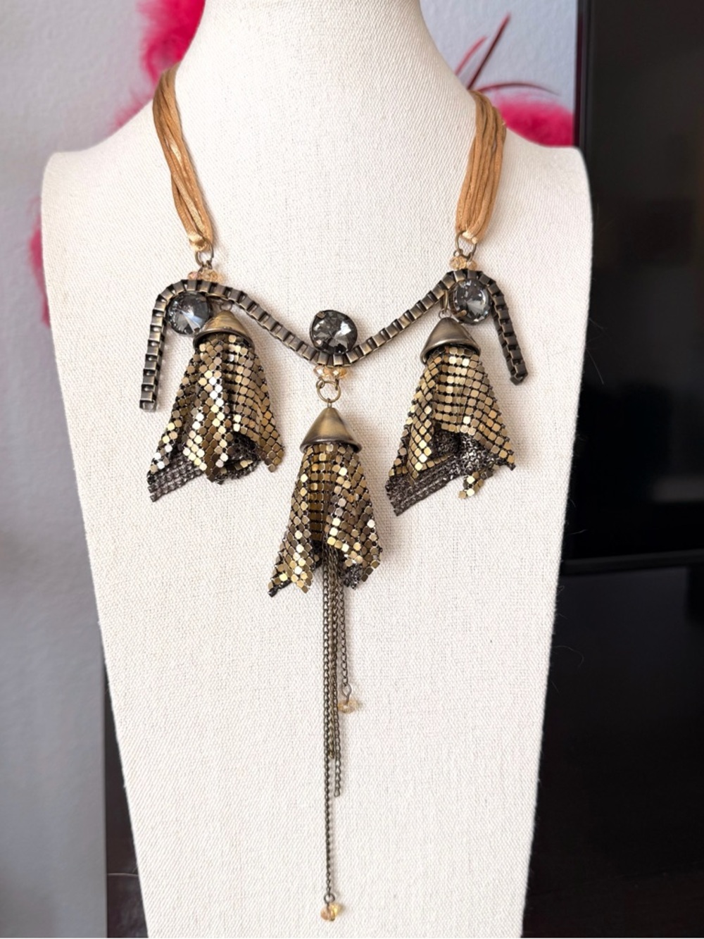 Gold and Gunmetal Tassel Statement Necklace
